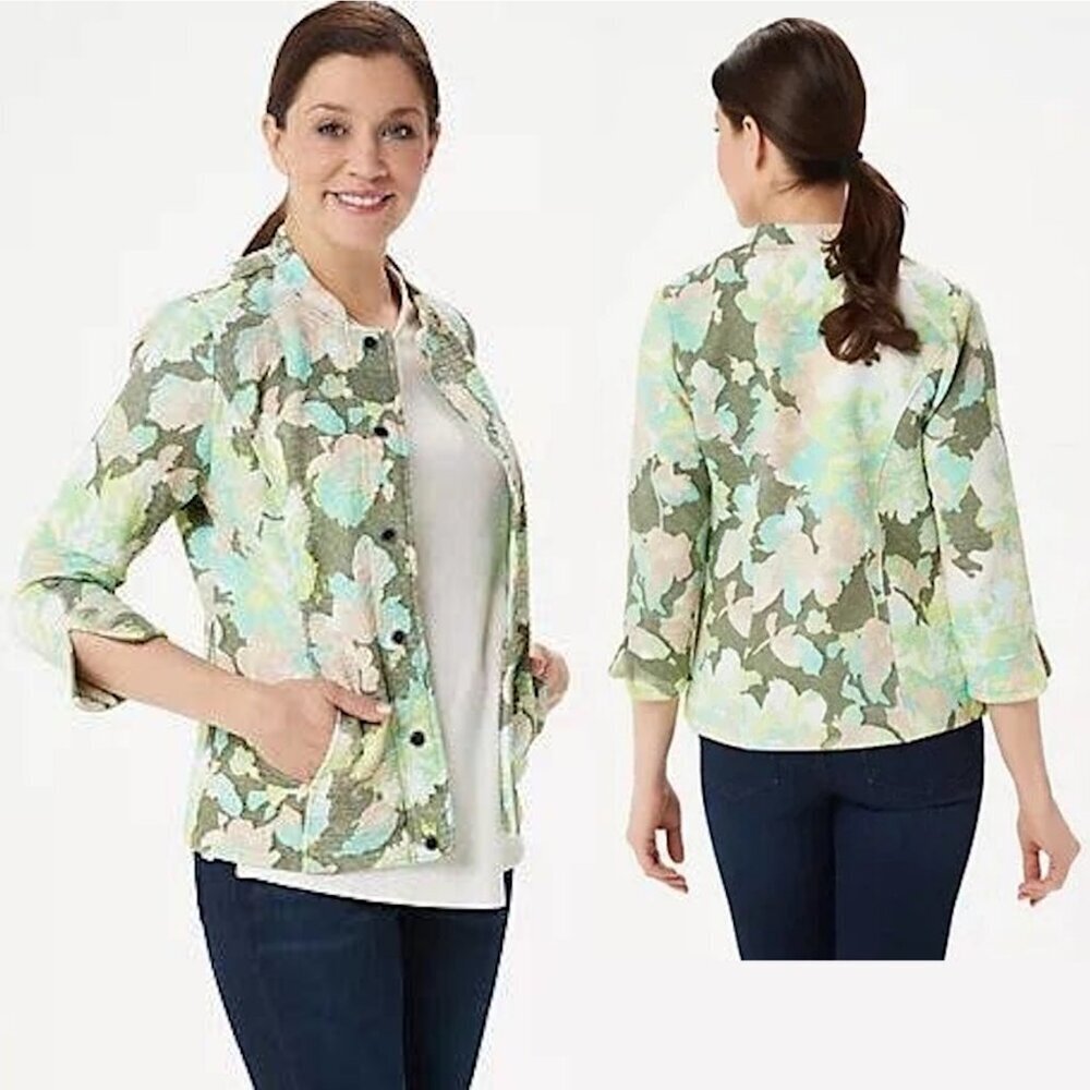 Isaac Mizrahi Live! Watercolor Floral Print Knit Jacket A305207 Size XL